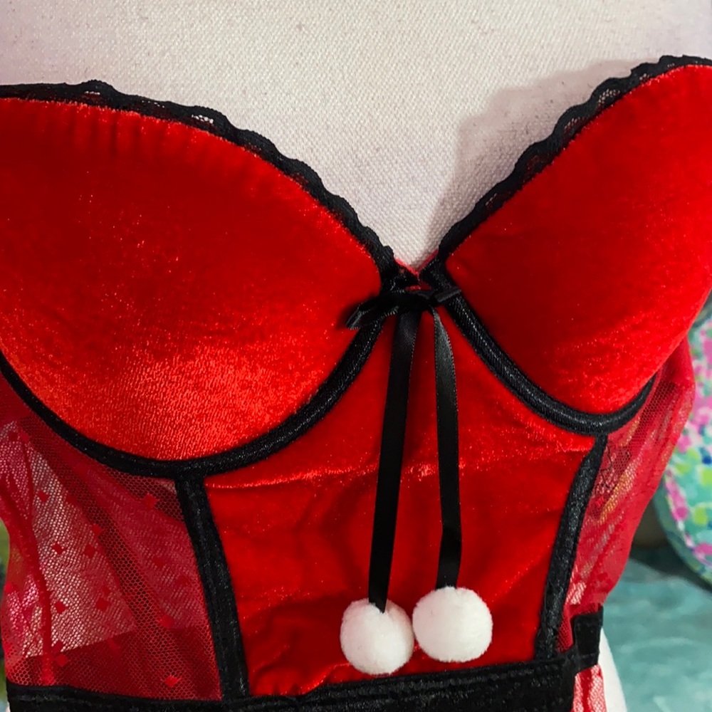 Red velvet teddy/Merry Widow with garters holiday surprise!
